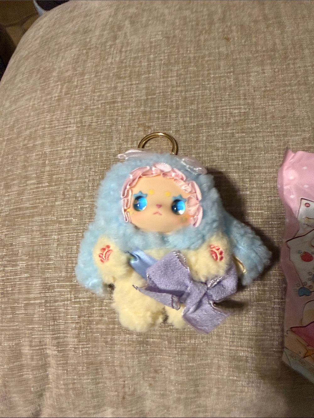 Lovely Emma/ Plush Blue and Cream Doll Keychain with Purple Bow butterfly bunny